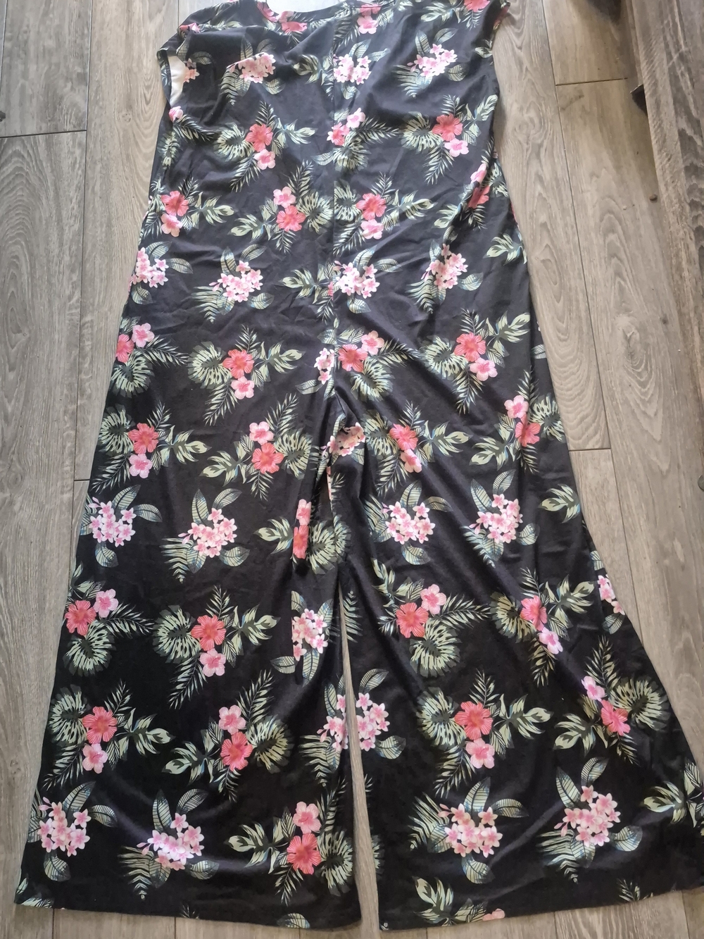 Floral Wide-Leg Jumpsuit in Black with Pink Blossoms